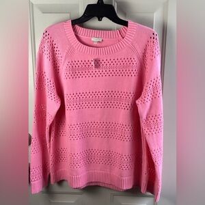 Talbots open knit Pink Crew Neck Sweater lagenlook eyelet knit cotton